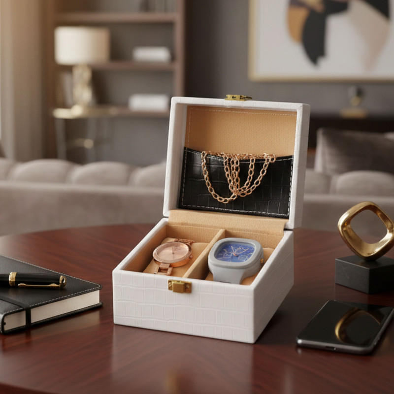 Ayesha Goods 2-Slot Watch Storage Box Design with Velvet Lining Transparent Lid & Fancy Lock Watch Box(White, Holds 2 Watches)