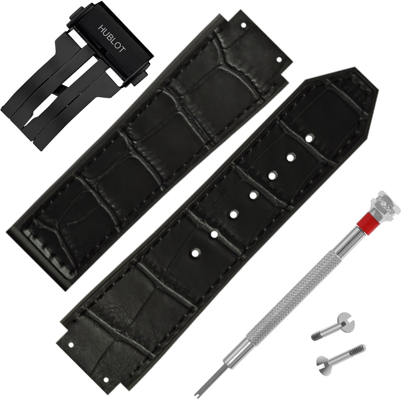 DBLACK [HLS-OPN3] Croco Design, Compatible for Hublot Watches, With Lock & Tools, 25 mm Genuine Leather Watch Strap(Black)