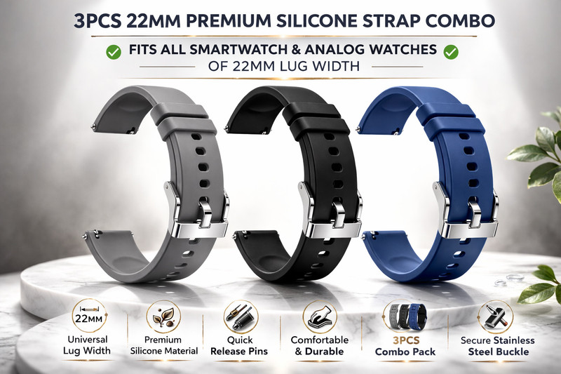 ADAMO 22mm strap for all smartwatch and analog wristwatch(compatible watch in picture) 22 mm Silicone Watch Strap(Grey/Black/Blue)