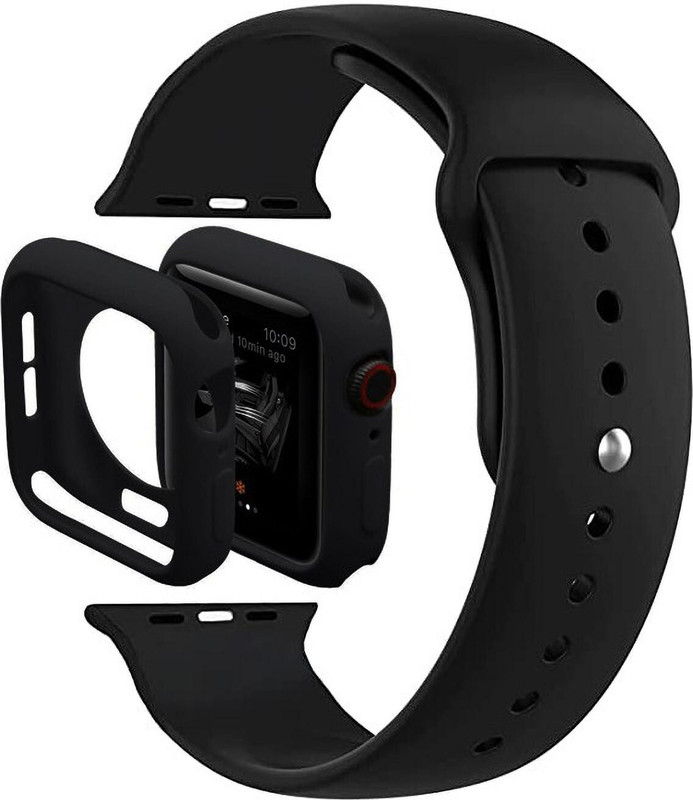 ADAMO Soft Silicone Case cover with Strap iWatch Series7/6/5/4/3/2/1/SE (42/44/45MM) 44 mm Silicone Watch Strap(Black)