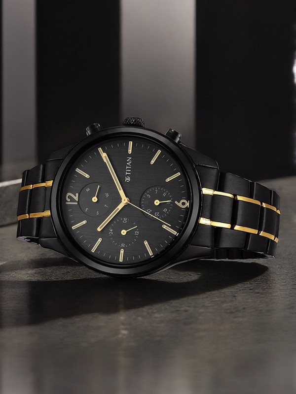 Titan 1805KM03 Titan ClaSSique Multifunction Black Dial Black & Gold SS Strap Analog Watch  - For Men