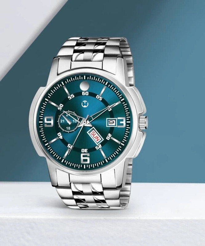 WIZARD TIMES EH-226-GREEN Men's Watch Silver Stainless Steel Chain Strap Green Gradient Day & Date Analog Watch - For Men