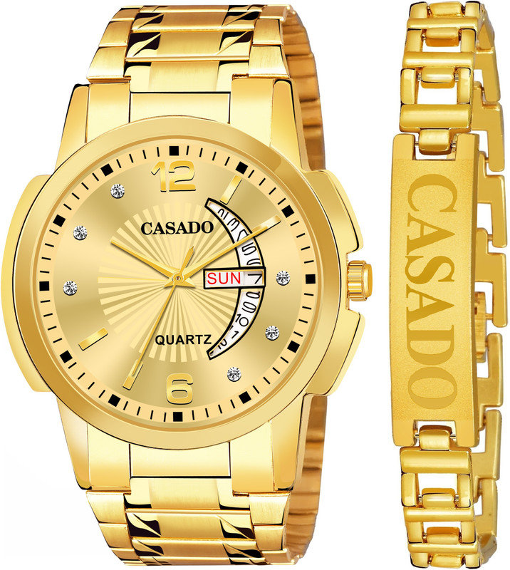 Casado Branded | Gold Plated | Studded | 3D Cut Glass | Day and Date Branded Bracelet | Gold Plated | Studded | 3D Cut Glass | Day and Date Analog Watch  - For Men