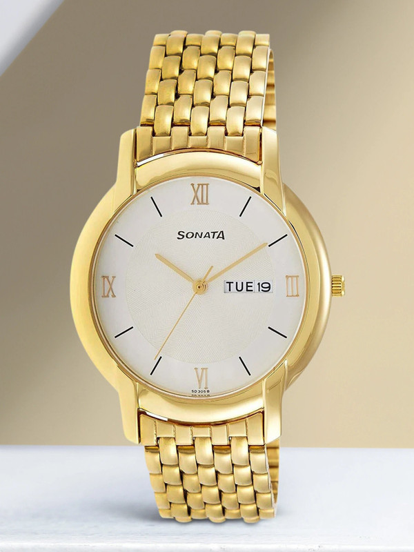 SONATA NP7954YM01W Sonata with Day & Date White Dial Gold Stainless Steel Strap Analog Watch  - For Men