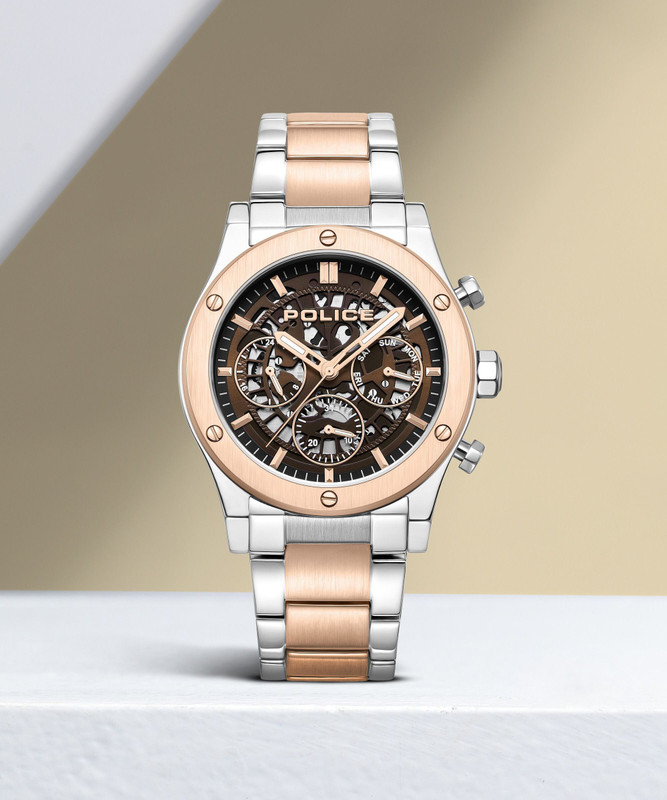 Police Police Ss'23 Feb Launch Police Multifunction Brown Dial Silver & Rose Gold SS Strap Analog Watch - For Men