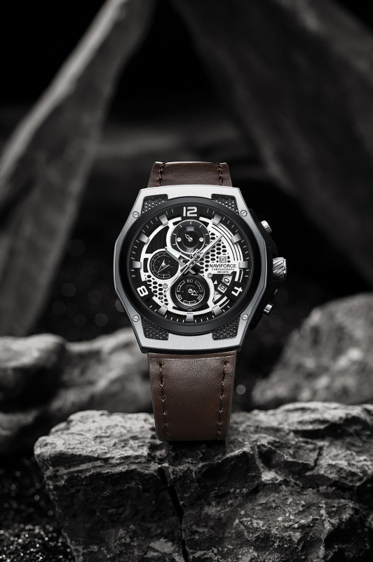 NAVIFORCE NF8051L Distinctive and Elegant Silver and Brown color Genuine Leather Analog Watch - For Men