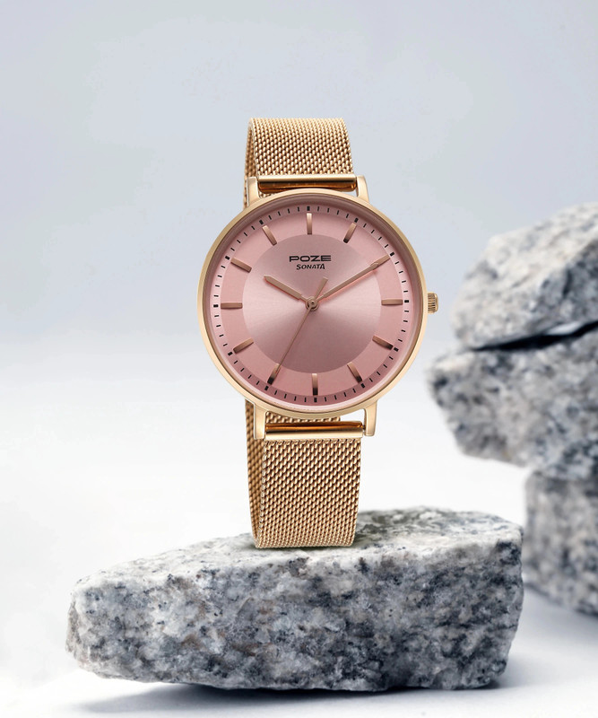 SONATA Poze Pink Dial Rose Gold Strap Analog Watch  - For Women