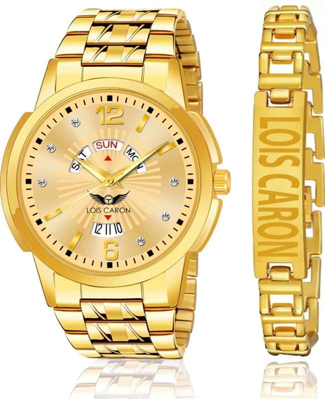 LOIS CARON LCS-9164 Gold Plated Analog Day & Date Men’s Watch with Bracelet | Premium Golden Dial Analog Watch - For Men