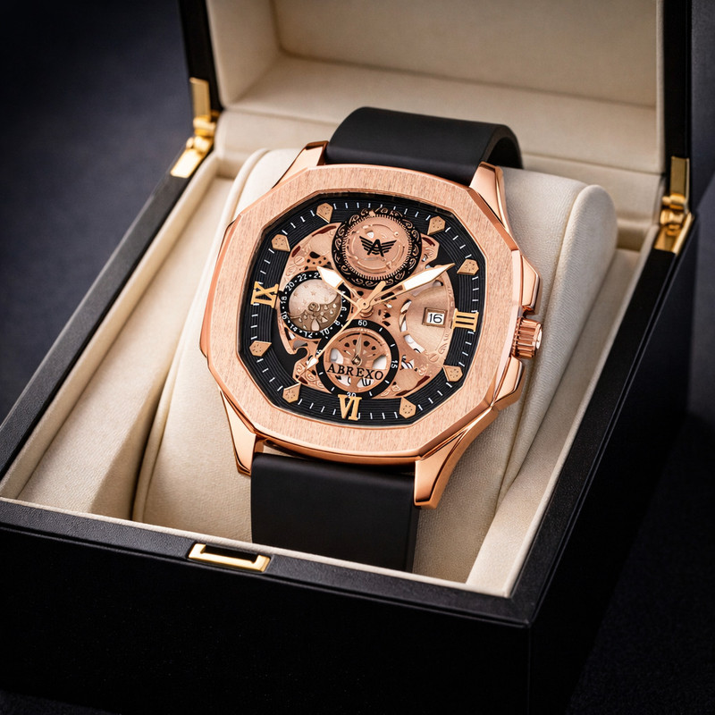 ABREXO GODFATHER Square Chrono Look Rosegold Dial Date Working BK Silicone Strap Boys Analog Watch - For Men