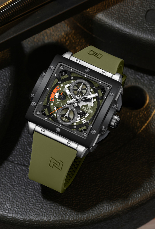 NAVIFORCE NF8064 Elegant Square Silver& Green accents chronograph dial with Green Silicon strap Analog Watch - For Men