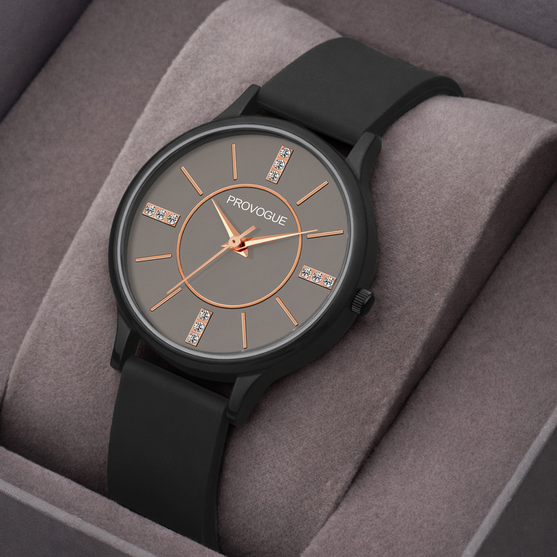 PROVOGUE Luxury Grey Dial Crystal-Index Silicone Strap Analog Watch  - For Women