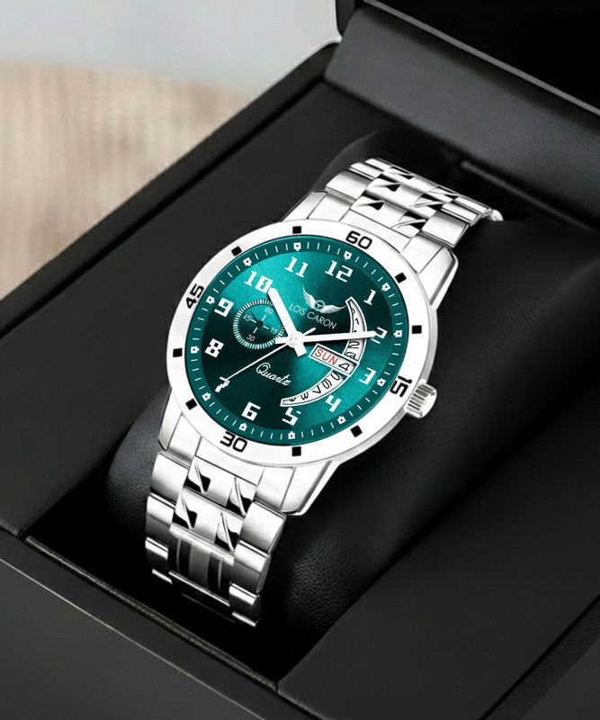 LOIS CARON LCS-8326 Trending Day & Date Series Stainless Steel Green dial wrist watch Chain for Boy Analog Watch - For Men