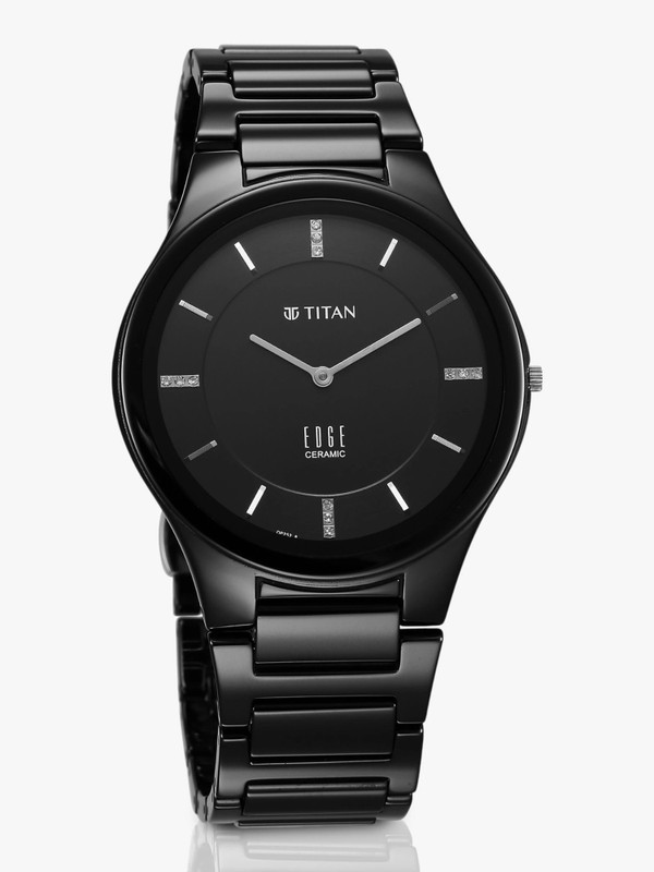 Titan Edge Ceramic Quartz in Glossy Black with Diamonds and Black Dial Analog Watch  - For Men