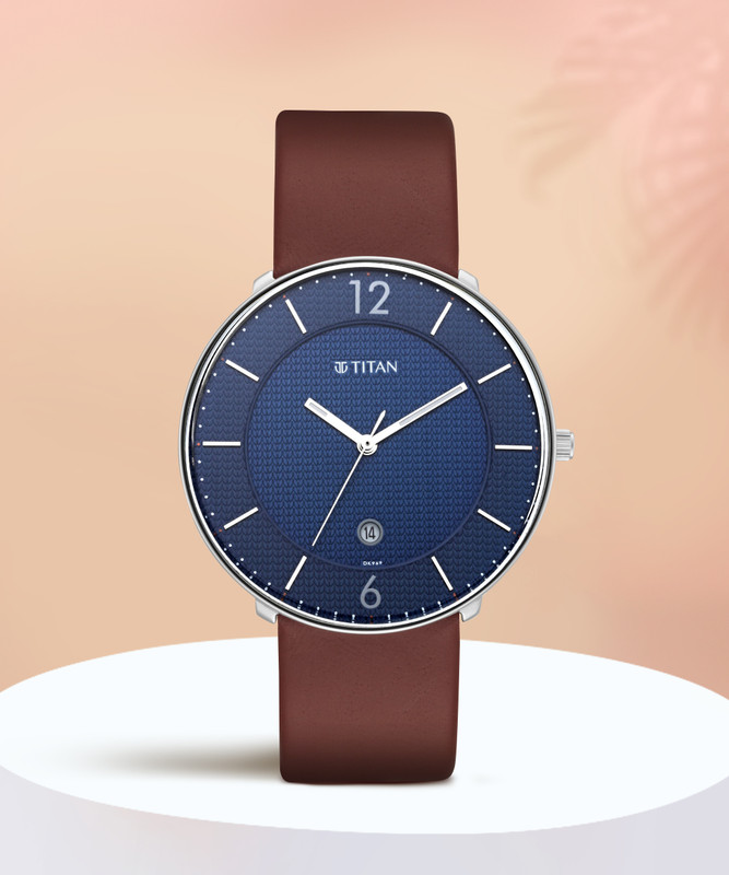 Titan Quartz Analog with Date Blue Dial Leather Strap Watch for Men