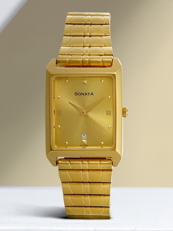 SONATA NP7007YM02 Sonata With Date Champagne Dial Gold Stainless Steel Strap Analog Watch  - For Men