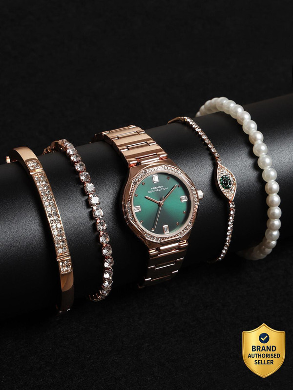 French Connection New Collection Gift set Rose Gold Jewellery and Green Dial Analog Watch  - For Women