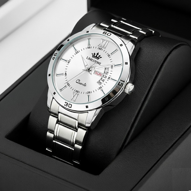 LIMESTONE Day and Date Function Steel Strap Quartz Analog Watch - For Men