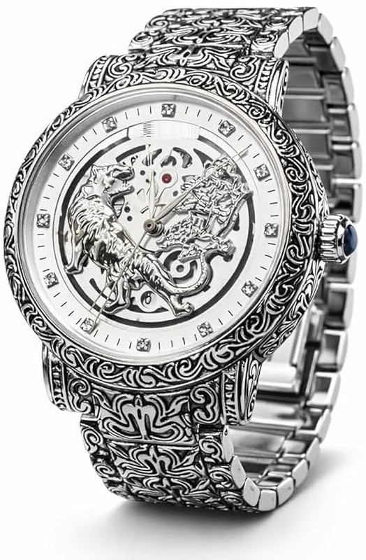 paltinum Men watch Tiger Dial Silver Quartz Analog Wristwatch, Engraved Stainless Steel Bracelet Analog Watch  - For Men