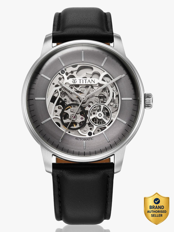 Titan Mechanical Automatic Mechanical Automatic Round Grey Dial Black Leather Strap Analog Watch  - For Men
