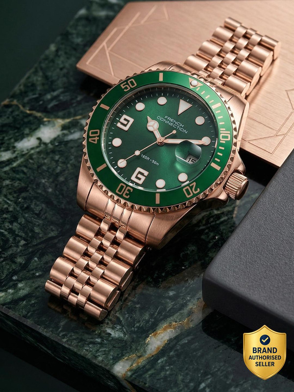 French Connection STEELORA Green Dated Sunray Round Dial | Rose Gold Stainless Steel Analog Watch for Men Analog Watch  - For Men