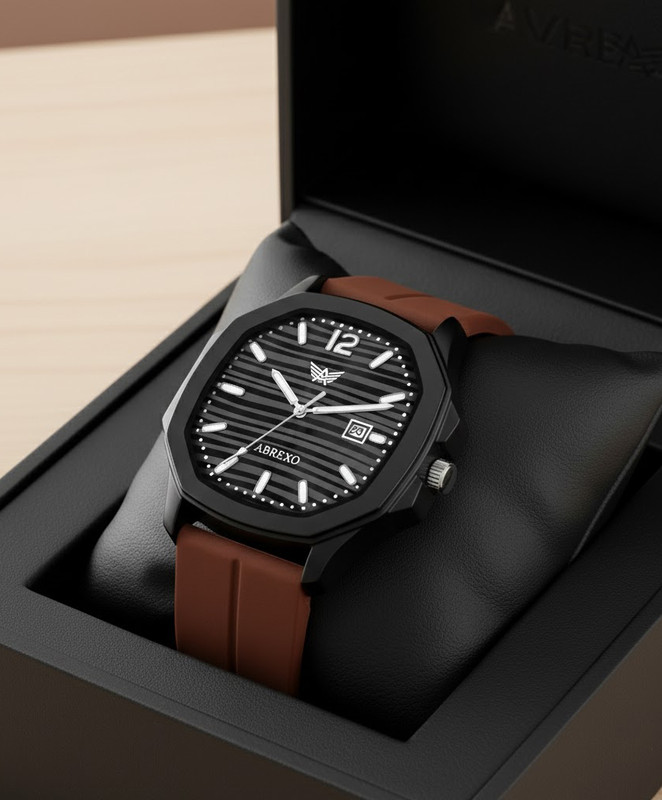 ABREXO Abx6600-BK BR Vintage-Law Date Working Square Black Dial Brown Premium Silicone Strap Boys Analog Watch - For Men