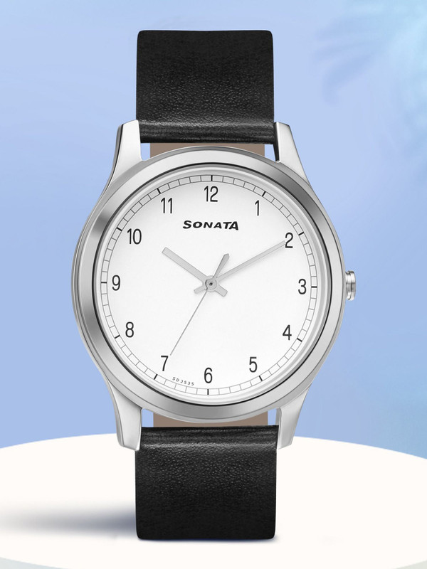 SONATA NP7135SL04 Sonata Quartz White Dial Black Leather Strap Analog Watch  - For Men