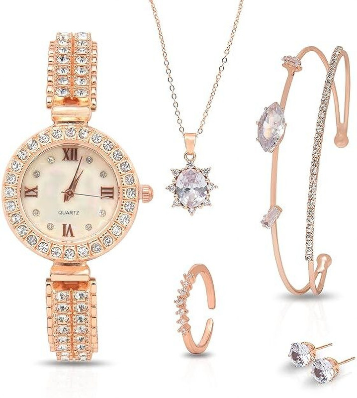 ZODZE Rose Gold Watch Gift Set For Women/Girls with Jewellery Rose Gold 5 Piece Watch Gift Set For Women/Girls with Jewellery Analog Watch - For Girls