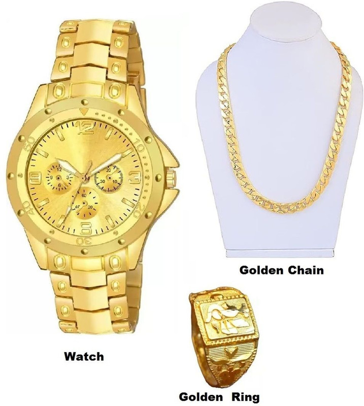watchstar Golden Casual Analog Watch With Chain and Ring Free Golden Watches Analog Watch - For Men
