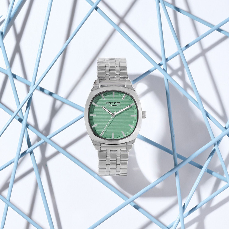SONATA Poze 7 Sonata Poze 7 Green Dial Silver Sheet Metal Strap Analog Watch  - For Men