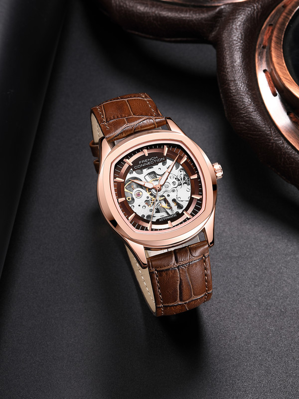 French Connection Black Skeleton Round Dial | Black Leather Automatic Watch for Men Analog Watch  - For Men