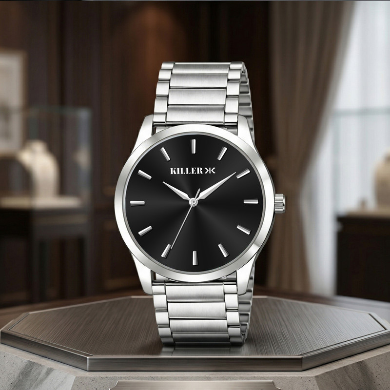 KILLER Minimalist Black Dial Stainless Steel Watch with Premium Silver Bracelet Analog Watch  - For Men