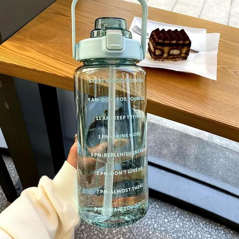 AKTOM Reusable Transparent Water Bottle With Removable Silicone Soft Straw 2000 ml(Green)