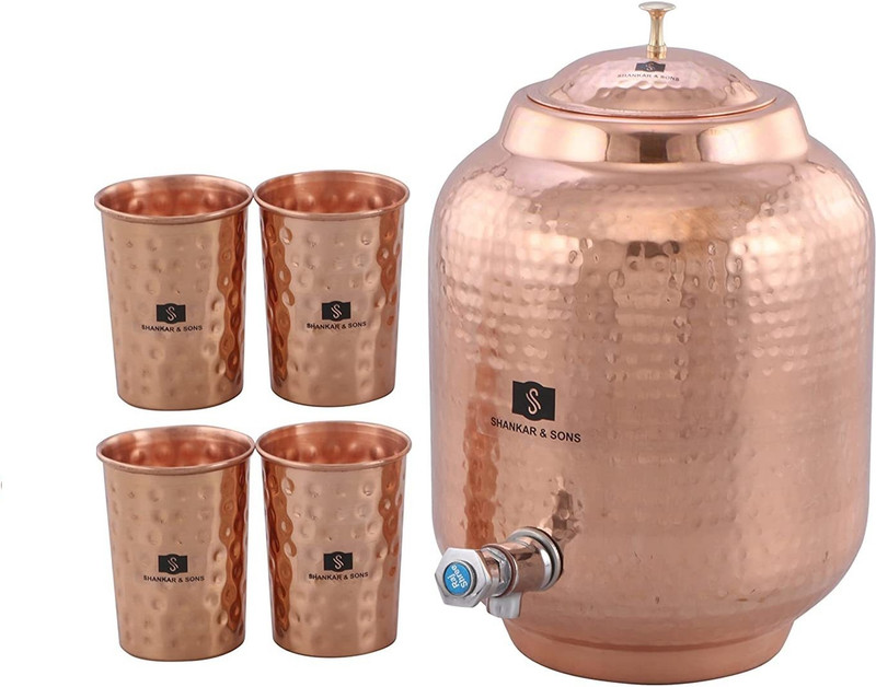 SHANKAR & SONS 8 Litre Copper Water Dispenser Copper Matka with 4 Glasses Bottom Loading Water Dispenser