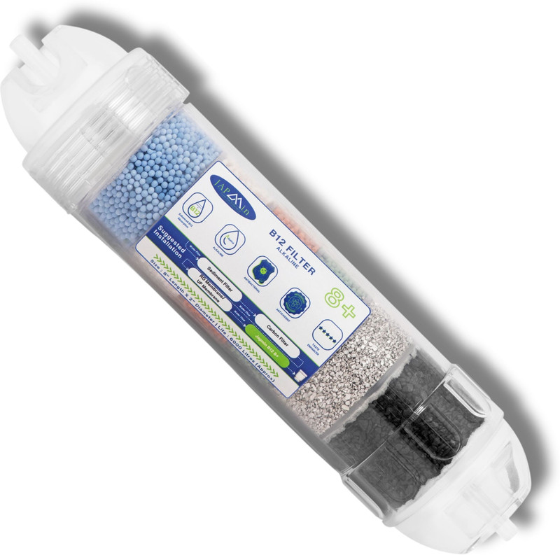 Japmin B12 Alkaline Water Filter for RO-8" | Antioxidant, Taste Enhancer -Transparent | Media Filter Cartridge(2 Elbow Connectors, Alkaline Water Filter & pH Liquid Tester (5ml), Pack of 1)