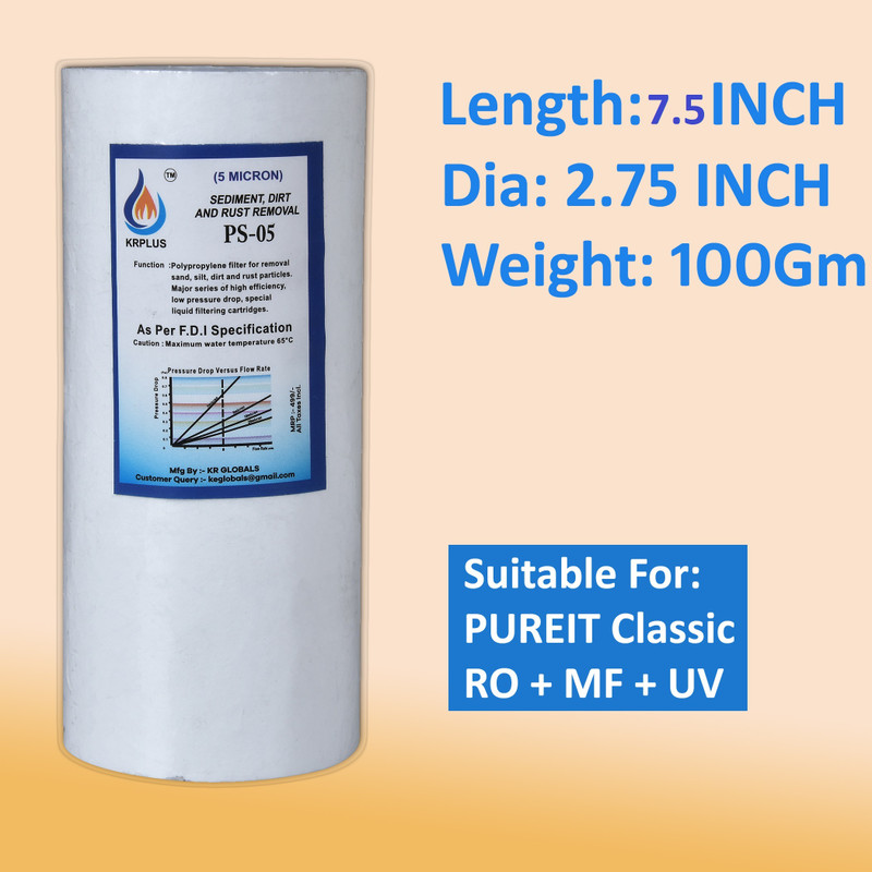 KRPLUS 4 Pieces 7.5 Inch Spun Filter for PUREIT Water Purifier, 2.75" OD, 120 Gram Solid Filter Cartridge(5, Pack of 4)