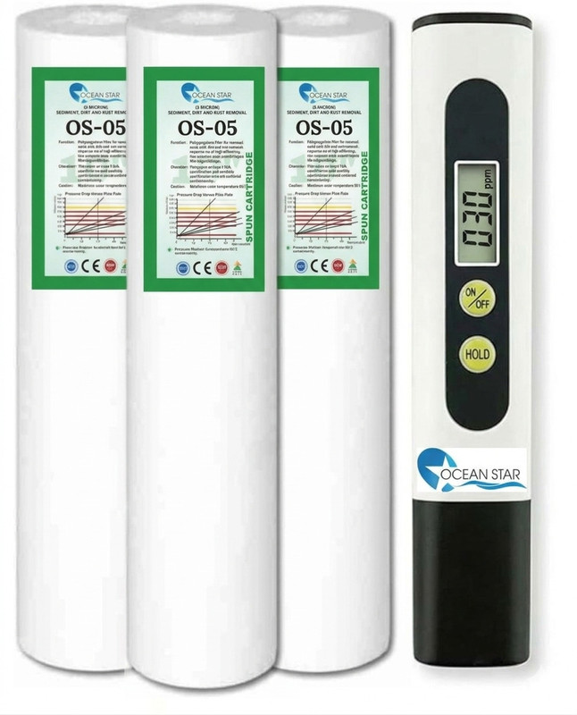 OCEAN STAR TECHNOLOGIES 10 Inch 5 Micron PP Spun Filter Cartridge (Pack of 3) with Digital TDS Meter Solid Filter Cartridge(5, Pack of 4)