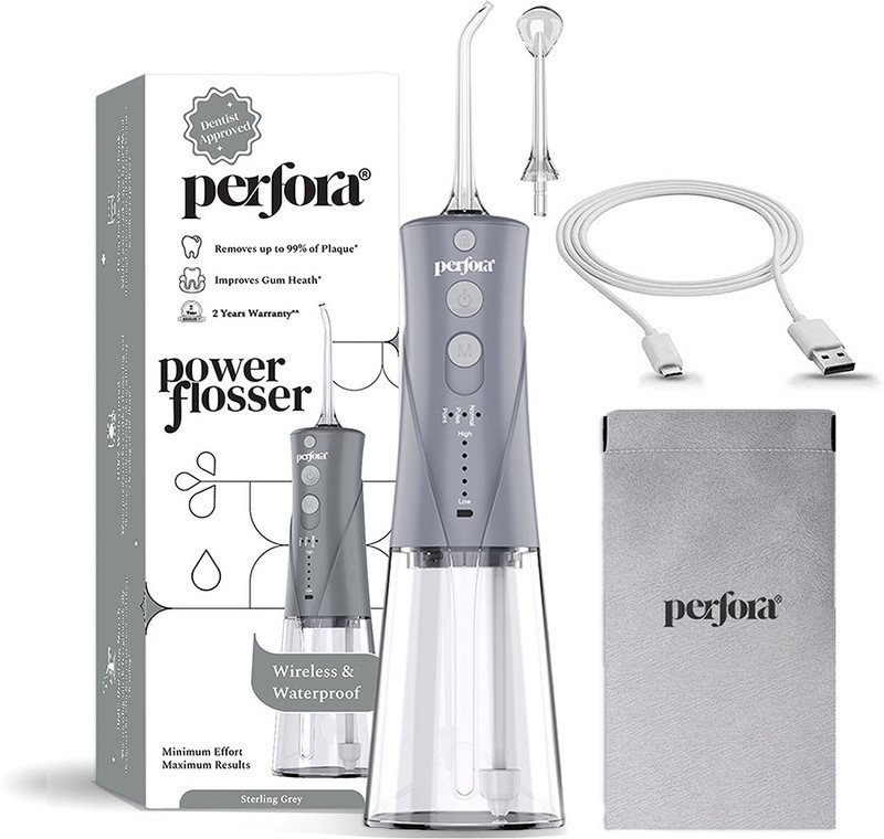 Perfora Power Water Dental Flosser250ml CapacitySG 2Nozzles 1500mAh Battery Grey Water Flosser(Cordless)
