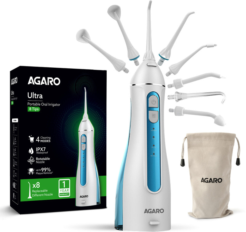 AGARO Ultra Plus Portable Dental Flosser: 8 nozzles, 4 modes, cordless, rechargeable Water Flosser(Cordless)