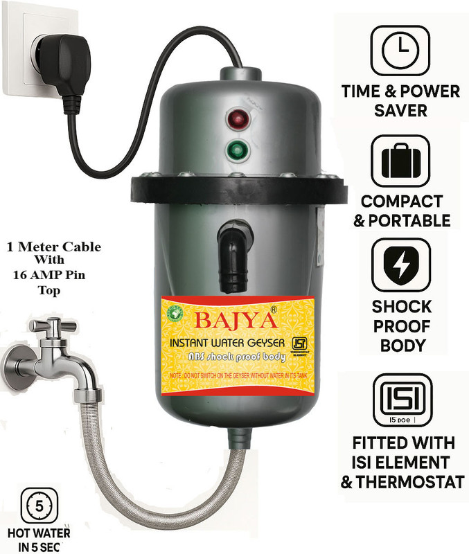 Bajya Quick Heat, 16Amp Cable, LED Indicators & Thermostat Safety 1 L Instant Water Geyser(Grey)