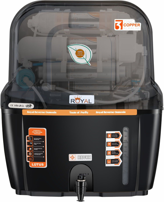 Havok Copper Royal Water purifier 15 L RO + UV + MF + Minerals + Copper Water Purifier(Black, Orange)