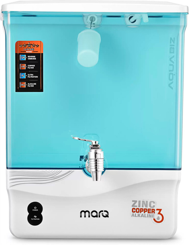 MarQ by Flipkart with Pre filter and BIS Certified 15 L RO + UV + UF + TDS Control + UV in Tank + Copper Water Purifier(Black)