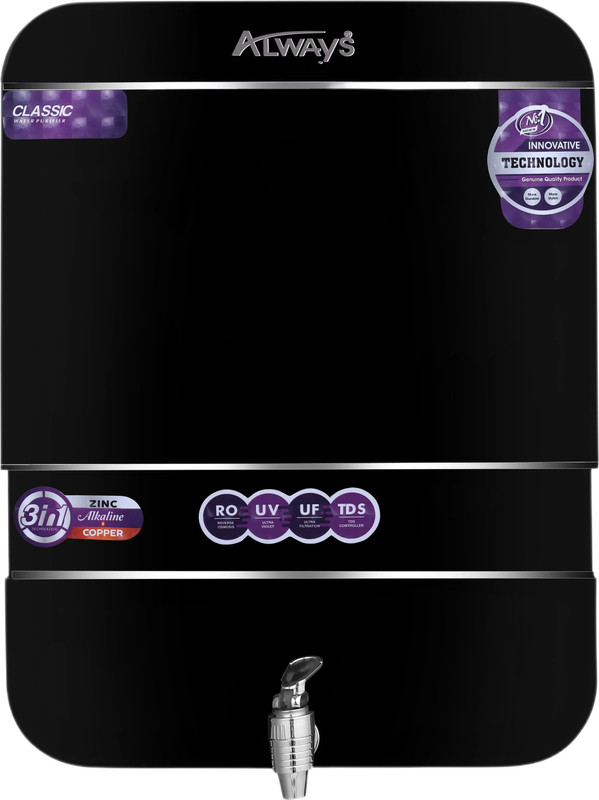 Always Aquapure Zinc Copper Alkaline RO with 12 L RO + UV + UF + Copper + TDS Control Water Purifier(Black)