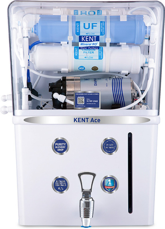 KENT Ace 8 L RO + UF + TDS Control + UV LED Water Purifier Suitable for all - Borewell, Tanker, Municipality Water(White)
