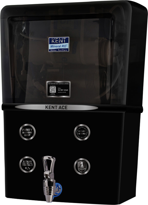 KENT ACE-B 8 L RO + UF + TDS Control + UV LED Water Purifier Advanced RO Tech for Sabse Shudh Paani Auto Flush 8L 20 LPH Ideal for Borewell/Tanker/Municipal Water Largest Service Network(Black)
