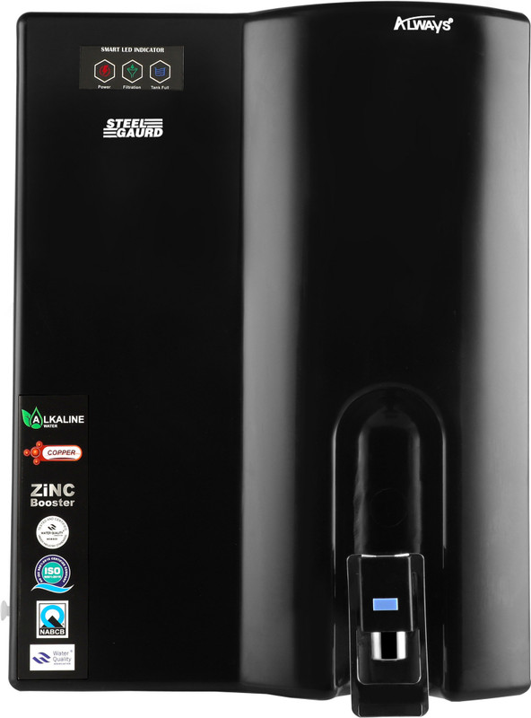 Always Steelguard RO with Stainless Steel Tank with LED display and Pre filter 9 stage 7 L RO + UV + MIN + ALK + SS Water Purifier(Black)