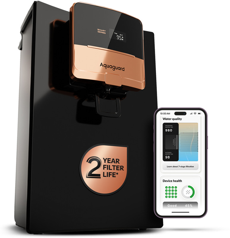 Aquaguard Ritz Pro 2X Life, WiFi-enabled, Smart IoT, 9-Stage, Stainless Steel Tank 5 L RO + UV + Copper Water Purifier Titanium Duo Filters last for 2 years |Wi-Fi enabled SMART Filter Life Monitoring |Automated Service Alerts | Water Quality Monitoring | Water consumption Tracker | IoT(Black)