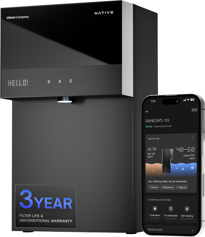 NATIVE By Urban Company M3 Pro 6 L RO + UV + Alkaline + Minerals Water Purifier No Service Stainless Steel Tank Preset Touch Dispensing + Battery Real-time Tracking(Black)