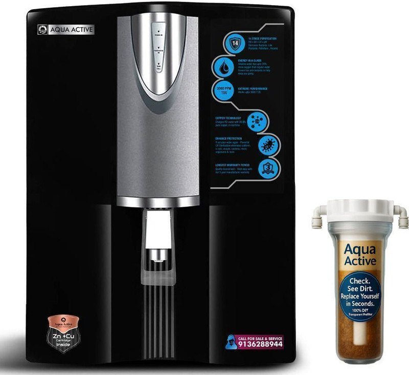 AquaActive WaterSaverROUVPHCUZN 10 L Mineral RO + UV + MF + MP Water Purifier(Black, Grey)