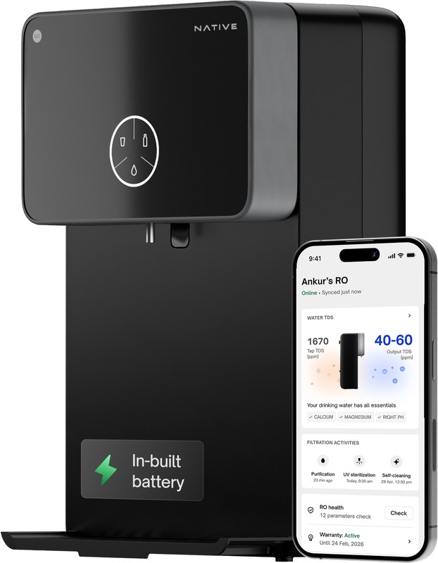 NATIVE By Urban Company M2 Pro 8 L RO + UV + Minerals + Alkaline Water Purifier 10-Stage Smart Water Purifier | In-built power backup | No Service for 2 Years | Advanced Smart iOT Tracking(Matte Black)