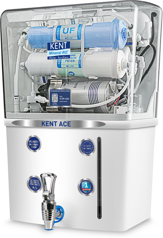 KENT Ace Plus Alkaline+Copper 8 L RO + UV + UF + Alkaline + Copper + TDS Control + UV LED Water Purifier Advanced ROTech for Sabse Shudh Paani Auto Flush 8L 20LPH Ideal for Borewell/Tanker/Municipal Water(White)